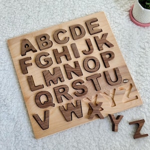Rompecabezas de madera natural con alfabeto, juguete educativo Montessori, rompecabezas ABC hecho a mano, rompecabezas preescolar, rompecabezas de letras fonéticas para jardín de infantes