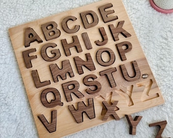 Natural Wood Alphabet Puzzle Montessori Learning Educational Toy Handcrafted ABC Puzzle Preschool Puzzle Kindergarten Phonics Letter puzzle