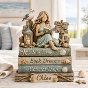 May include: A decorative figurine featuring a person reading a book while sitting on a stack of three books labeled Sea Breeze, Book Dreams, and Coastal Days. A seagull, a lantern, a starfish, and a sign reading Take Time to Read by the Sea are included.