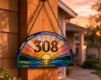 Custom Stained Glass House Numbers Sign, Sunset Mountain Address Plaque, Personalized Half Round Outdoor Home Decor, Housewarming Gift