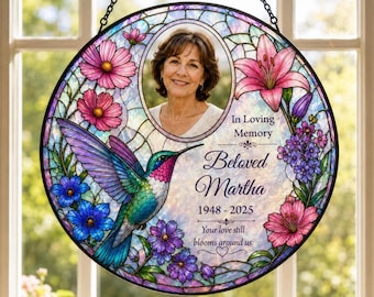 Memorial Hummingbird Photo Suncatcher, Personalized Floral Window Hanging, In Loving Memory Gift