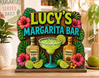 Custom Margarita Bar Wooden Block, Personalized Name Tropical Home Bar Decor, Tequila Lime Cocktail Shelf Sitter Gift for Her