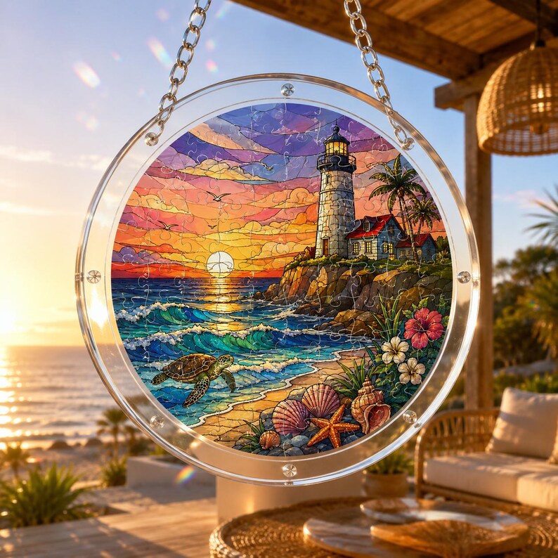 Puede incluir: Ventana redonda de vidrieras con una escena costera con un faro, olas del oc&eacute;ano y una puesta de sol. La obra de arte incluye una tortuga, conchas marinas y flores tropicales. La ventana est&aacute; enmarcada en acr&iacute;lico transparente y cuelga de una cadena plateada.