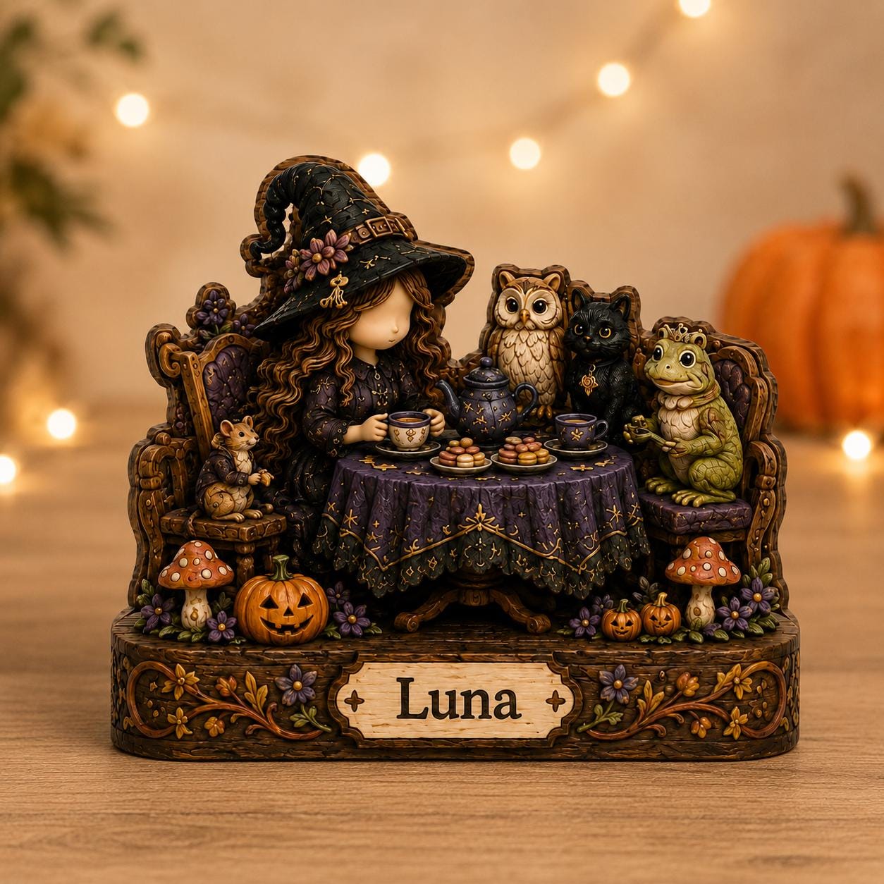 Personalized Witch Tea Party, Custom Name Wooden Block, Black Cat Owl Halloween Shelf Sitter, Witchy