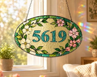 Custom Stained Glass House Numbers Sign, Dogwood Blossom Oval Address Plaque, Personalized Floral Outdoor Home Decor, Housewarming Gift