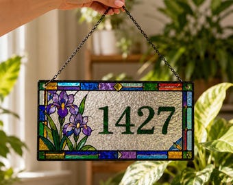 Custom Stained Glass House Numbers Sign, Purple Iris Flower Address Plaque, Personalized Outdoor Home Decor, New Home Housewarming Gift