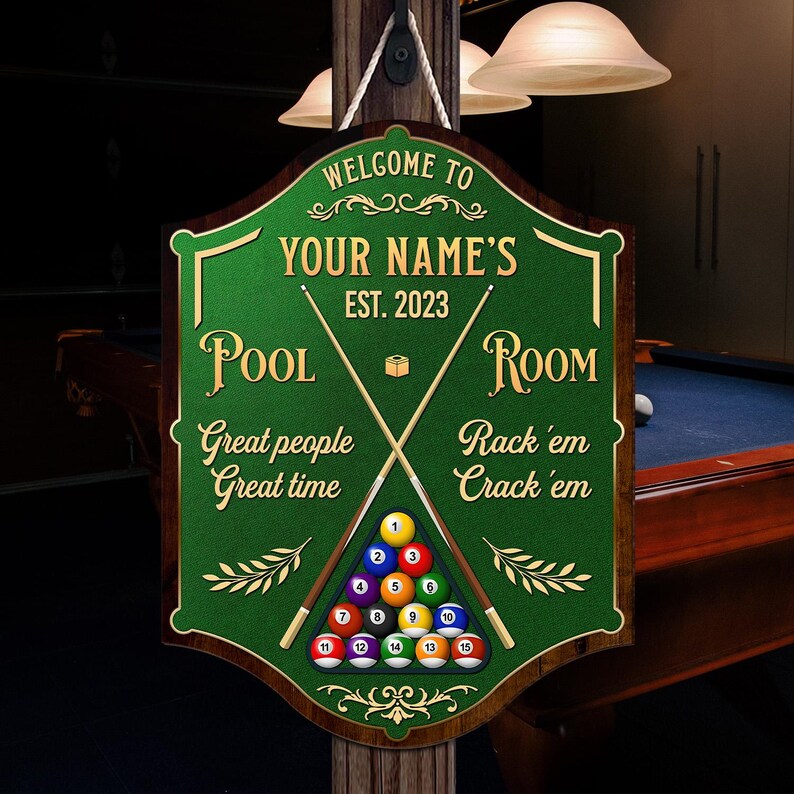 Pool Table Looking Sign Custom Billiards Bar & Lounge Wood Sign, Rack'em Crack'em Man Cave ...