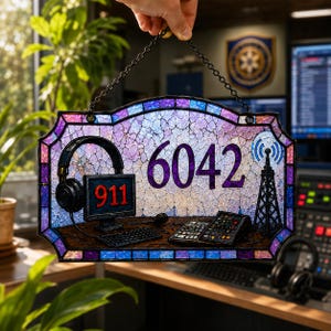 May include: A rectangular stained glass hanging sign with a purple and blue border, featuring the number 6042, a computer monitor displaying 911, black headphones, a keyboard, a radio tower icon, and a control console on a desk surface.