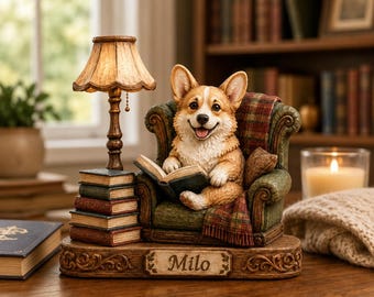 Personalized Reading Corgi Shelf Wooden Block Decor, Custom Name Wooden Block, Cozy Book Lover Gift for Dog Lovers
