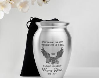 Personalized Semi Truck Mini Urns for Human Ashes Stainless Steel Keepsake Urns Truck Driver Angel Wings, Urns for Adult Male Dad Trucker