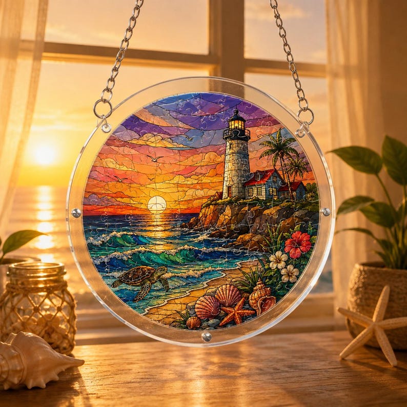 Puede incluir: Obra de arte circular de vidrieras que representa una escena costera con un faro, olas del oc&eacute;ano y una puesta de sol. La obra de arte incluye una tortuga, conchas marinas y palmeras. Cuelga de una cadena plateada.