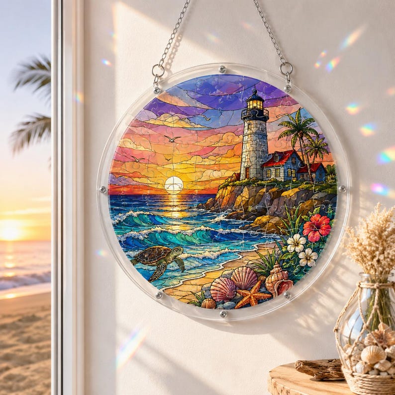 Puede incluir: Obra de arte circular de vidriera que representa una escena costera con un faro, olas del oc&eacute;ano y una puesta de sol. La obra incluye una tortuga, conchas marinas y flores tropicales. La pieza est&aacute; enmarcada en un borde circular transparente y cuelga de una cadena.