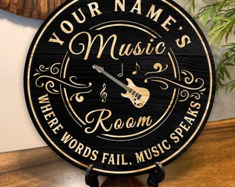 Personalized Music Room Recording Studio Wood Sign Door Wall Plaque Home Decor, Gift For Music Lovers Guitarists Musicians Drummers Bassists