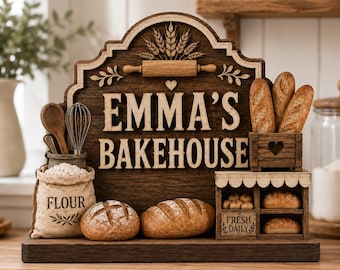 3D Wooden Bakerhouse Sign Personalized, Custom Name Bakehouse Plaque, Rustic Kitchen Decor Gift for Baker, Miniature Bread Loaves Art