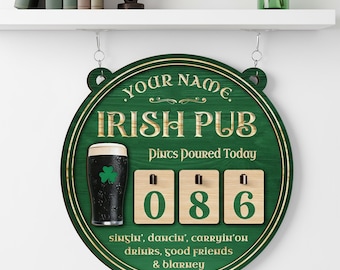 Personalized Irish Pub Pints Tracker Wooden Sign, Whiskey Bottles Counter, Wall Art Plaque, Wall Decor, Custom Gifts for Him, Gifts for Men