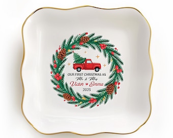 Personalized Newlywed Ceramic Ring Dish, Vintage Jewelry Tray