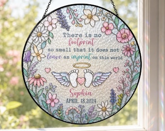 Personalized Baby Loss Memorial Suncatcher, Floral Stained Glass Angel Wings Footprints, Custom Name and Date Sympathy Gift