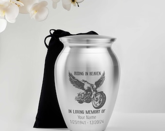 Personalized Riding in Heaven Mini Urns Stainless Steel, Decorative Keepsake Urn Engraved with Motorcycle Design 2.56 inch, ENHAT-60412