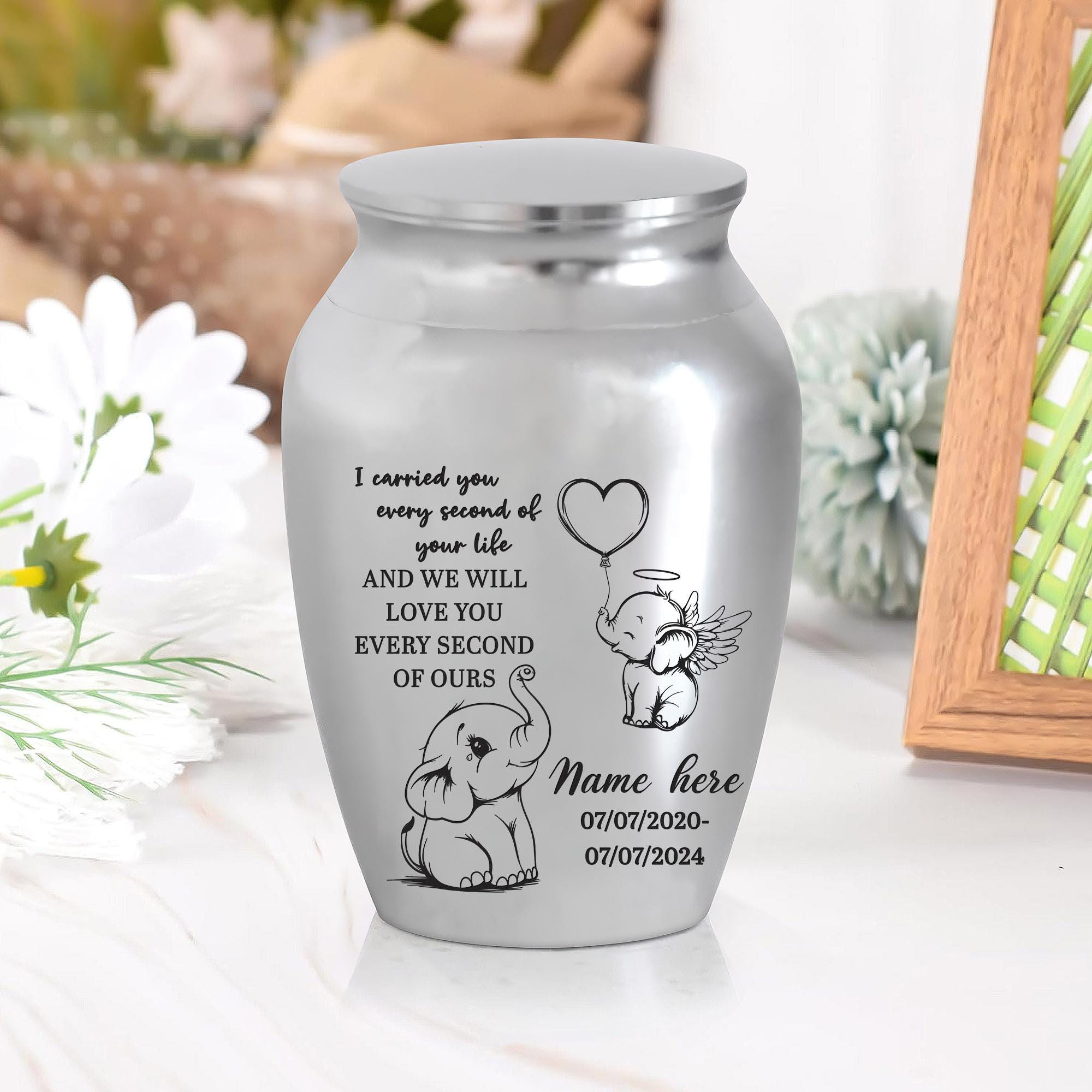 Personalized Baby Mini Urns Stainless Steel, Decorative Engraved Keepsake Urns, Memorial Mini Urn for Infant Childs Baby Boy & Girl, Elep 01