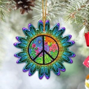 Hippie Peace Sign Love Christmas Ornament Tree Decorations 2D Flat (NOT 3D Ornament), Bulk Wooden Hippie Car Hanging, 60s 70s Theme Hippie