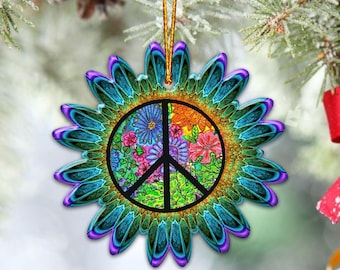 Hippie Peace Sign Love Christmas Ornament Tree Decorations 2D Flat (NOT 3D Ornament), Bulk Wooden Hippie Car Hanging, 60s 70s Theme Hippie