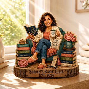 May include: A decorative wooden display featuring a person sitting in a teal armchair, surrounded by stacks of books titled Pride & Prejudice, Little Women, The Secret Garden, Jane Eyre, Sense & Sensibility, The Book Thief, The Night Circus, Before We Were Strangers, The Hobbit, and To Kill a Mockingbird. The base is engraved with Sarah's Book Club Est. 2026.