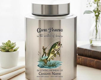 Personalized Fishing Urn for Human Ashes, Fisherman Memorial Urn, Custom Name and Dates, Cremation Urn for Dad