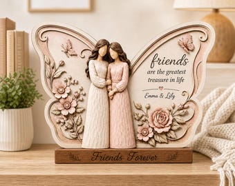 Custom Best Friend Wooden Gift, Personalized Butterfly Keepsake with Two Names, Friendship Decor, Birthday Gift for Sister Like Friend