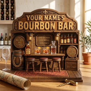 May include: A wooden miniature bar display featuring the text YOUR NAME'S BOURBON BAR, GOOD BOURBON GOOD FRIENDS GOOD TIMES, SMALL BATCH BIG STORIES, AGED TO PERFECTION, and POUR DECISIONS GREAT STORIES. Includes three stools, bottles, and glasses.