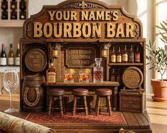 Personalized Bourbon Bar Wooden Block, Custom Name Whiskey Lounge Decor, Rustic Home Bar Shelf Sitter, Bourbon Lover Gift for Him