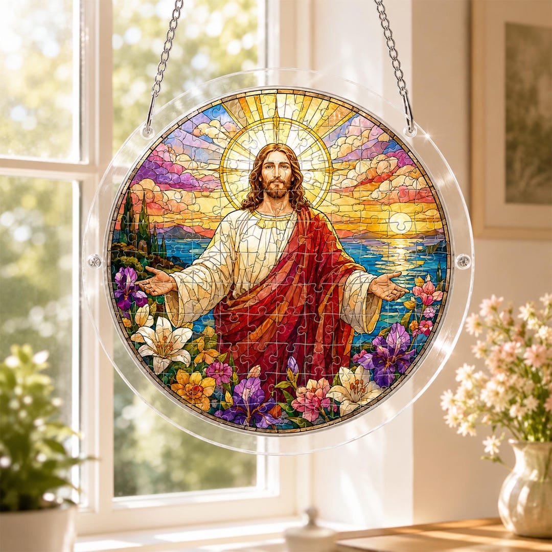 Jesus Stained Glass Suncatcher Puzzle, Christian Window Hanging, Floral ...