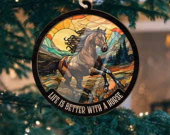 Christmas Decor Horse Suncatcher Wooden Ornaments for Christmas Tree Decorations, Unique Gifts for Horse Lovers, Western Cowboy Rear Mirror