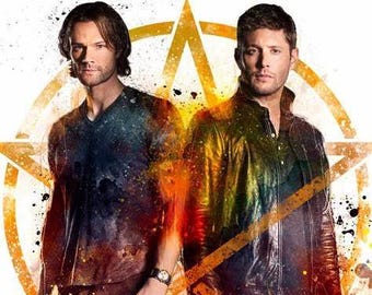 Sam and Dean Winchester with Pentagram symbol cross stitch pattern