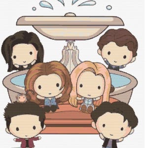 Peut inclure: Motif de point de croix représentant six personnages de dessins animés devant une fontaine. Les personnages ont de grosses têtes et de petits corps. La fontaine est beige avec des gouttelettes d'eau au-dessus. Les personnages portent différentes tenues.