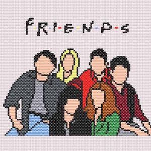 May include: Cross-stitch design featuring the word "FRIENDS" above six stylized figures. The figures are in various outfits, including a gray jacket, red hoodie, and green top. The background is a light pink color.