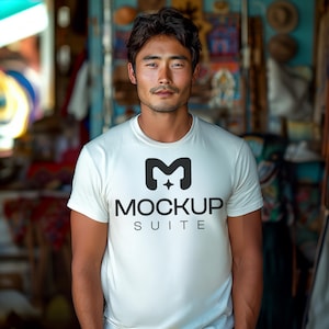 Modern Boho Gildan 5000 T-Shirt Mockup - Male Model, Casual Style - White Tee Digital Download