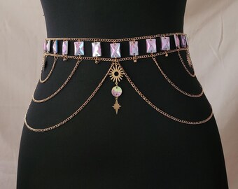 Holografische buikketting Strass festivalketting Kandi-lichaamsketting Iriserende lichaamsketting Festivaloutfits Sparklink-riem Kristallen riem