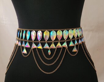 Holografische buikketting Strass festivalketting Kandi-bodyketting Iriserende bodyketting Festivaloutfits Sparklink-riem Kristallen riem