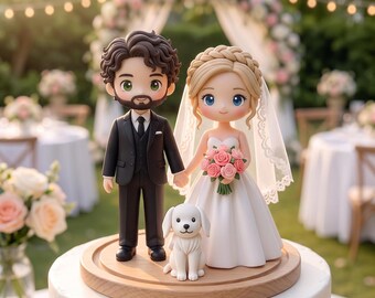 May include: A wedding cake topper featuring two stylized figures, one in a black suit and one in a white gown with a veil, holding hands. A small white dog sits between them on a circular wooden base. The figures have large eyes and detailed hair.