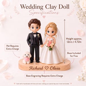 Custom Wedding Clay Figurine, Handmade Couple Cake Topper with Wood Base, Personalized Keepsake Gift image 5