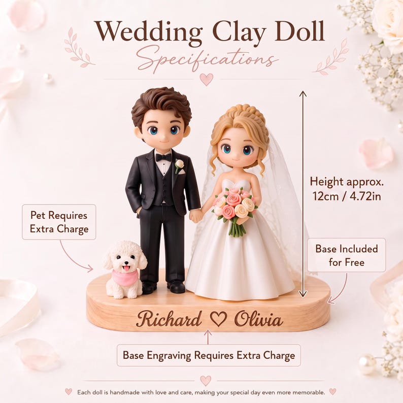 Custom Wedding Clay Figurine, Handmade Couple Cake Topper with Wood Base, Personalized Keepsake Gift image 5