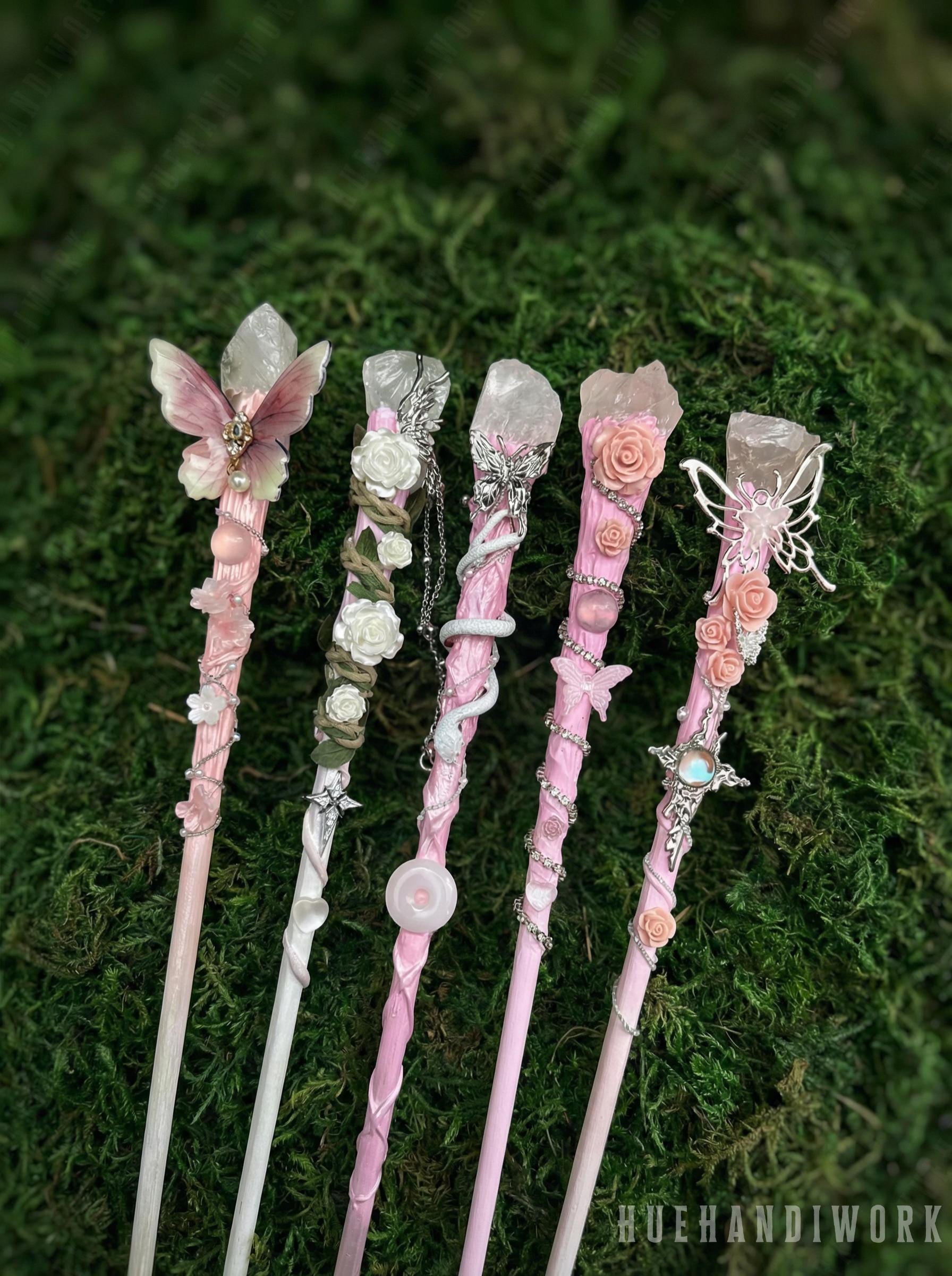 Handmade Pink Sandalwood Fairy Wand, Rose & Butterfly Decor