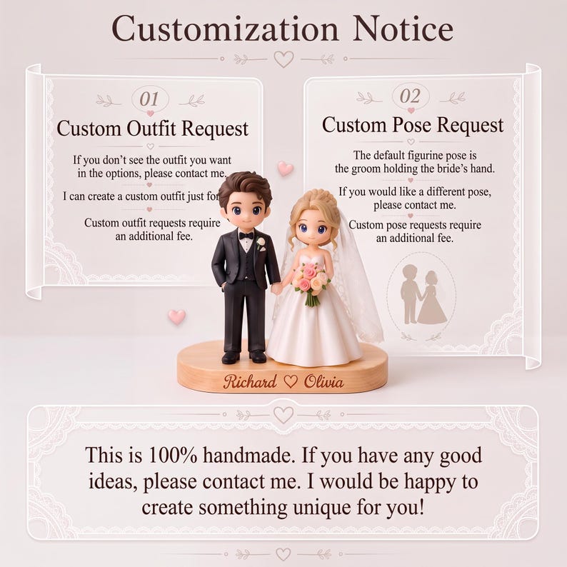 Custom Wedding Clay Figurine, Handmade Couple Cake Topper with Wood Base, Personalized Keepsake Gift image 6