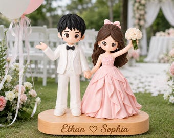 Custom Wedding Couple Clay Figurine, Handmade Cake Topper with Engraved Names, Romantic Keepsake Gift
