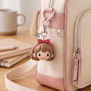 May include: A cream-colored canvas bag with pink trim and a silver metal zipper, featuring a dangling keychain of a brown-haired character head with a red headband and a small silver star charm attached to a silver lobster clasp.