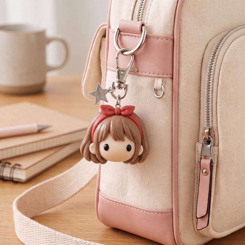 May include: A cream-colored canvas bag with pink trim and a silver metal zipper, featuring a dangling keychain of a brown-haired character head with a red headband and a small silver star charm attached to a silver lobster clasp.