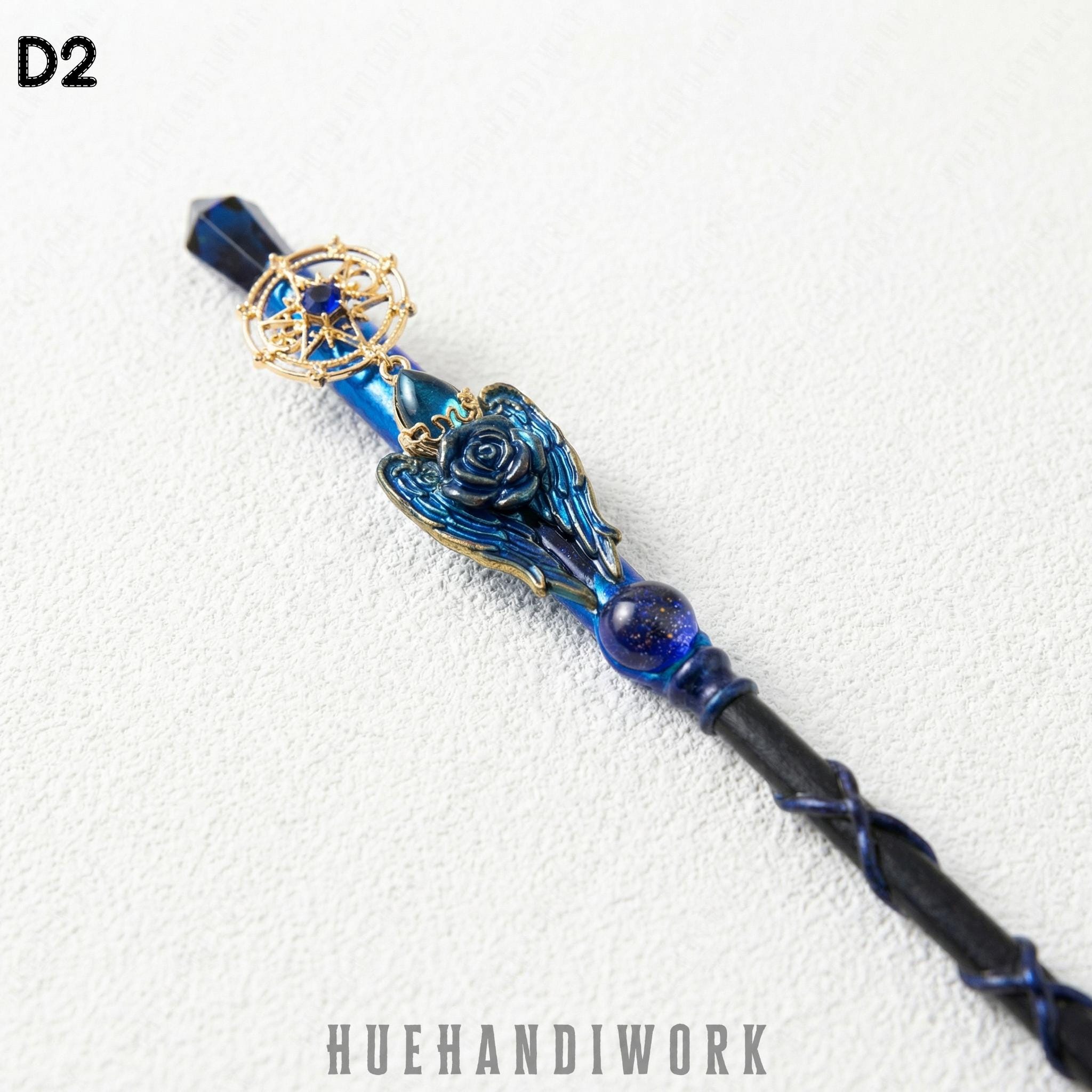 Sapphire Blue Wisdom Wand, Winged Rose & Star Compass Staff