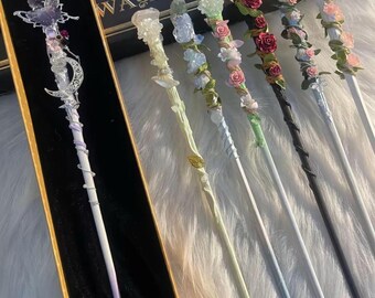 手作りの森の妖精の花のつる魔法の杖、宝石クリスタルトッパー