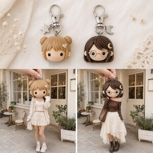 May include: Two keychains featuring sculpted character heads with silver-tone metal clasps. One head has blonde hair in buns with a star charm, the other has brown hair, glasses, and a crescent moon charm. Both have large black eyes and small hearts.