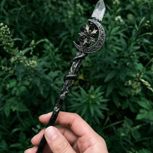 Dark Moon Serpent Magic Wand, Black Sandalwood & Raw Crystal, Gothic Witch Altar Tool